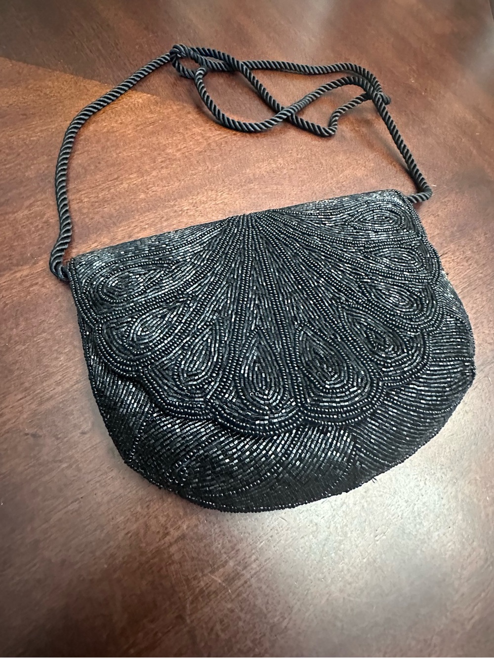 Vintage Black Beaded Evening Bag Scalloped Fan Coquette Art Deco